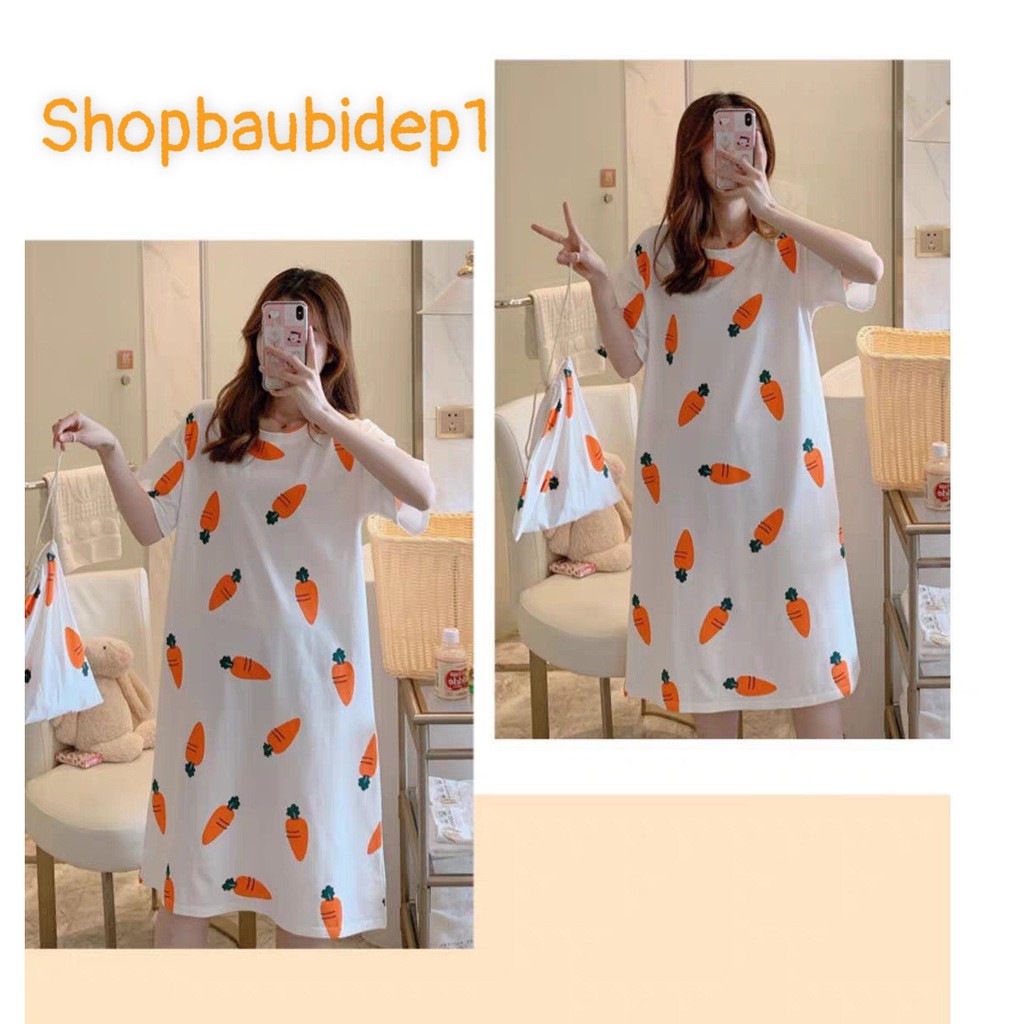 Váy ngủ, váy mặc nhà cộc tay dáng suông chất cotton mềm mát họa tiết hoạt hình dễ thương (KHÔNG KÈM TÚI) V285