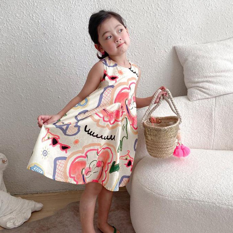 Đầm Sát Nách Cổ Tròn In Họa Tiết Graffiti Phong Cách Hàn Quốc Thời Trang Mùa Hè Cho Bé Gái