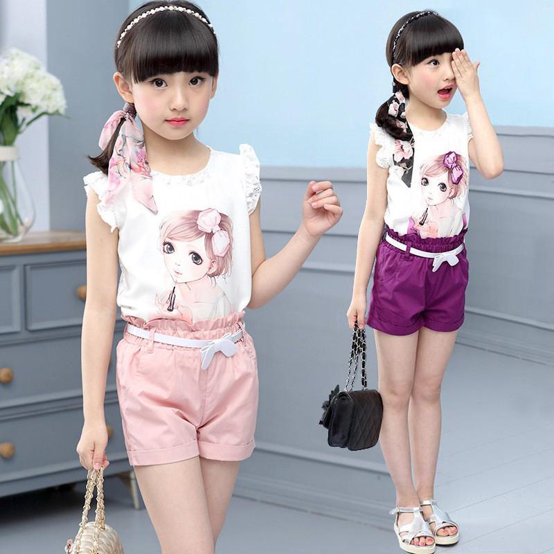Set áo thun sát nách + quần short cho bé gái 3-12 tuổi