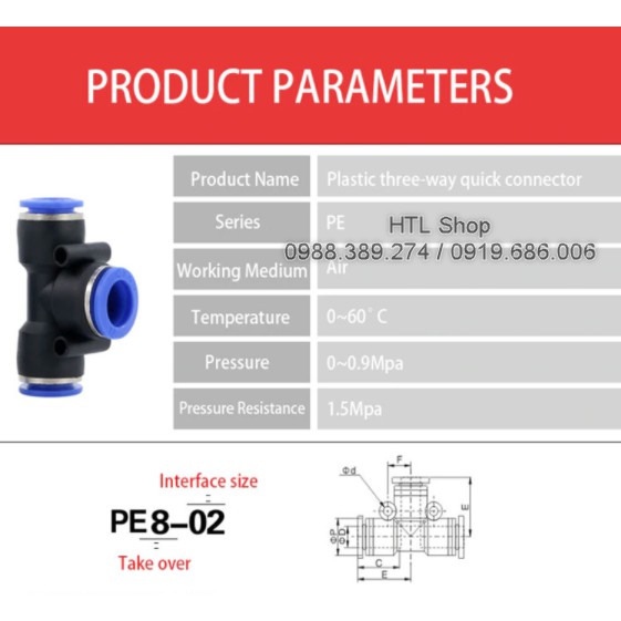 Khớp chữ T, Đầu Tê chia 3 cắm nhanh ống hơi khí nén, ống nước phun sương, tưới cây - HTL Shop