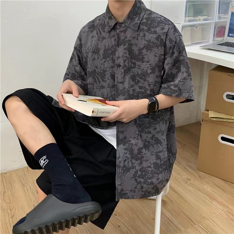 Hàn Quốc bôngáo sơ mi nam ngắn tayÁo Sơ Mi Ngắn Tay Phong Cách Đường Phố Cá Tính Cho Nam unisex áo thun kiểu nữ