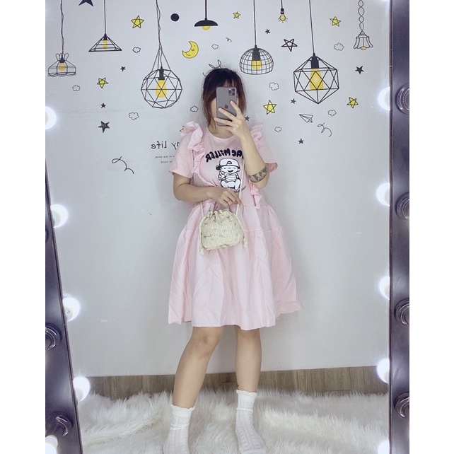 Đầm babydoll viền bèo in hình baby form rộng bầu bì bon chen che bụng che đùi big size siêu xinh