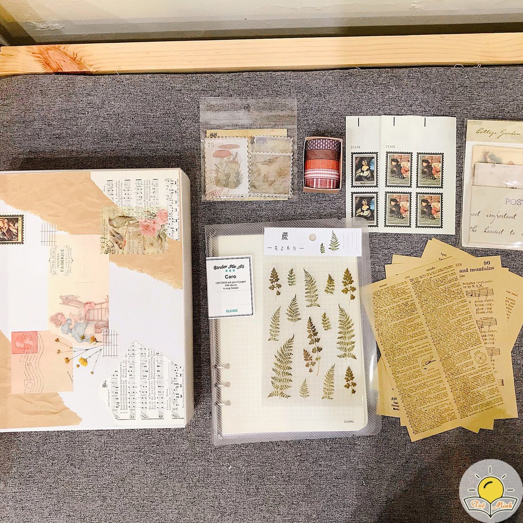 Set trang trí sổ Bullet Journal Vintage gồm binder sổ còng Klong, washi tape, sticker, hộp kraft quà tặng