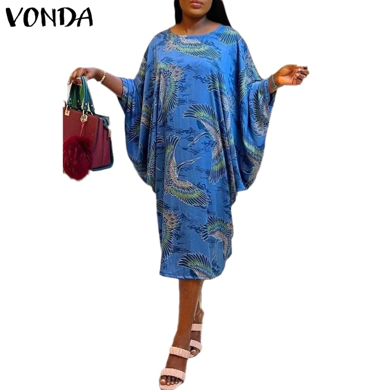 Đầm dài VONDA dáng rộng cổ tròn tay cánh dơi phong cách vintage dành cho nữ