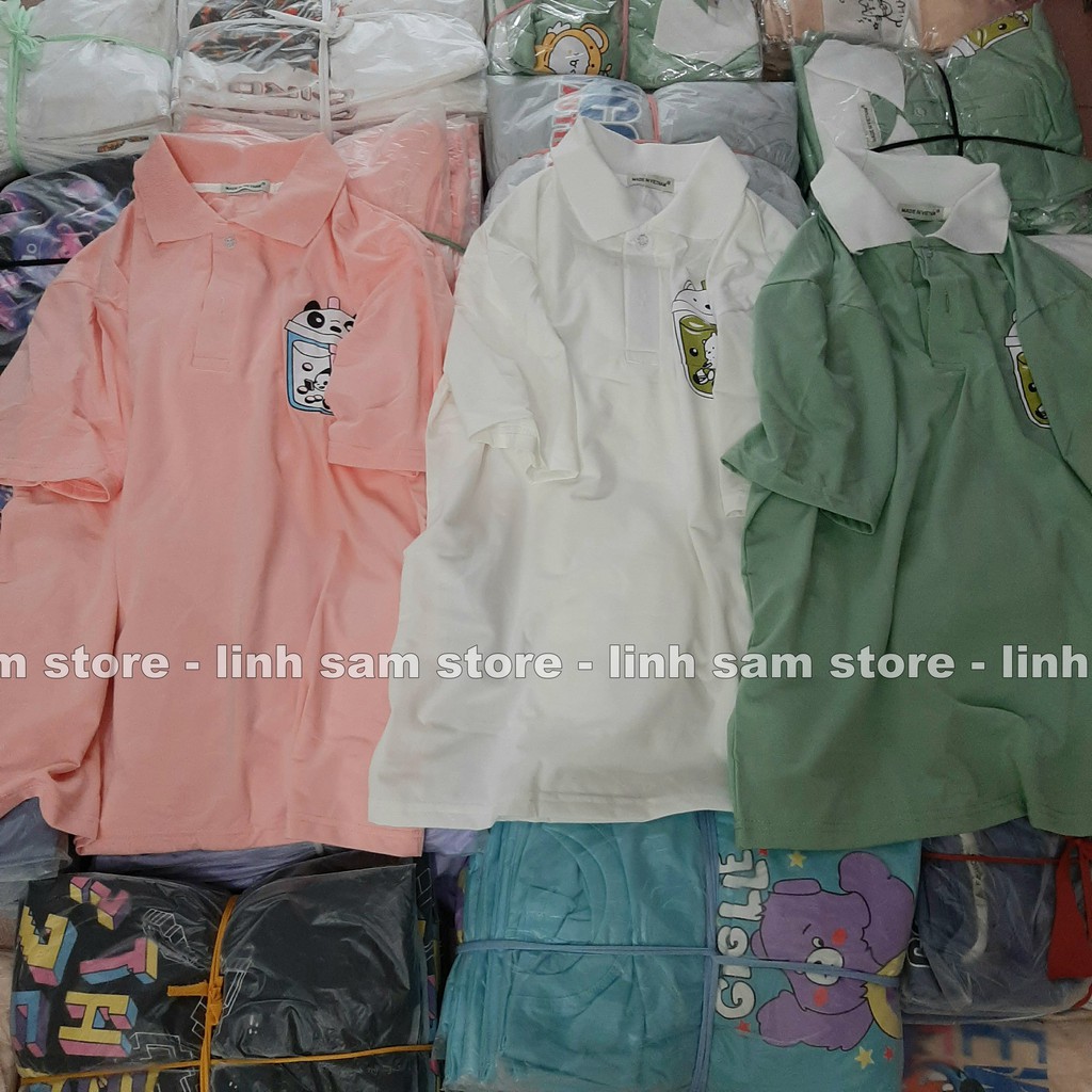 Áo thun POLO nữ phông tay lỡ có cổ form rộng freesize unisex mặc đi học, cặp, nhóm, lớp in hình TRÀ SỮA CON GẤU