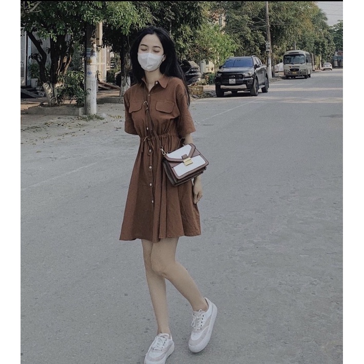 VÁY SƠ MI CỔ ĐỨC TÚI HỘP RÚT CHUN EO DÁNG VINTAGE VSMREV
