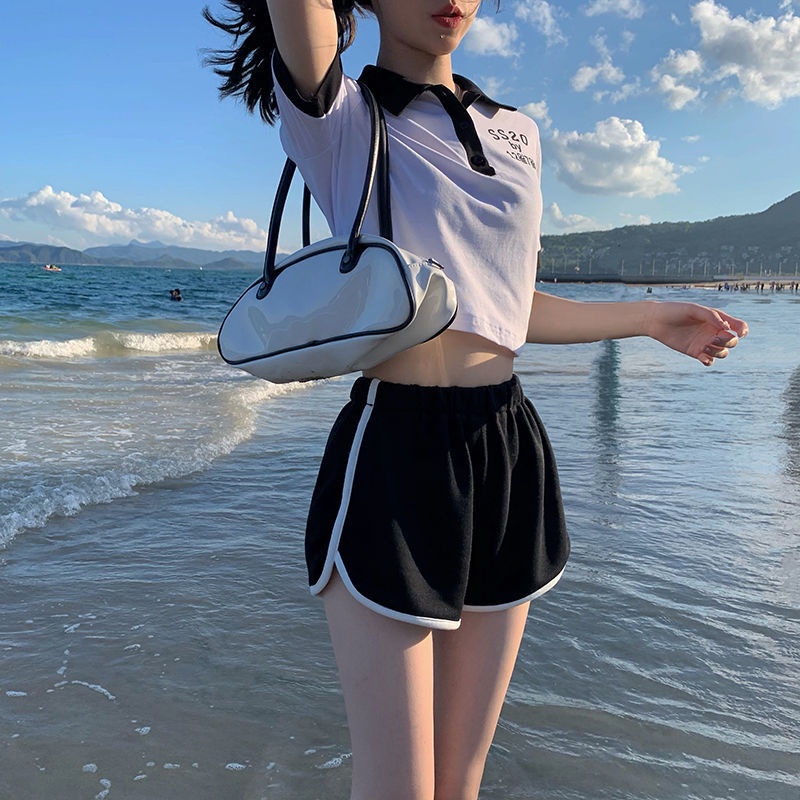 Set Áo polo Ngắn Tay Cổ Bẻ + Quần Short Lưng Cao Thời Trang Mùa Hè Cho Nữ
