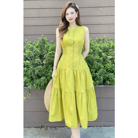 VN829 - VÁY XANH CỐM CHUN EO 3 TẦNG SÁT NÁCH