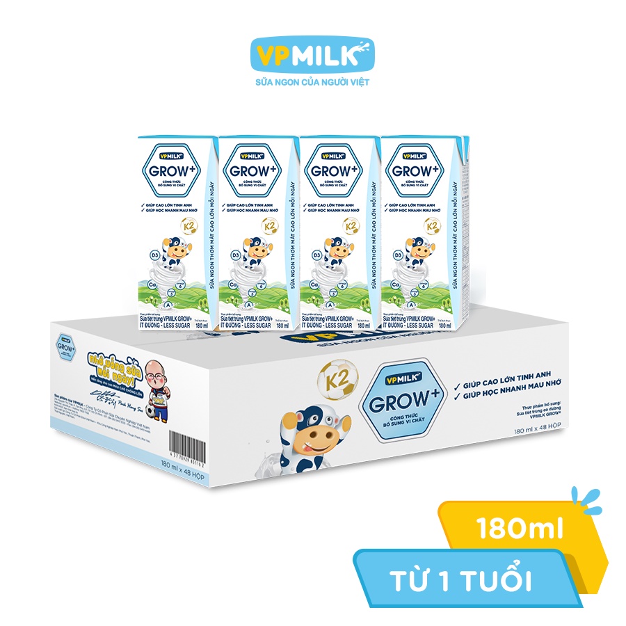 Sữa Tiệt Trùng VPMilk Grow+ Ít Đường hộp 180ml (thùng 48 hộp)