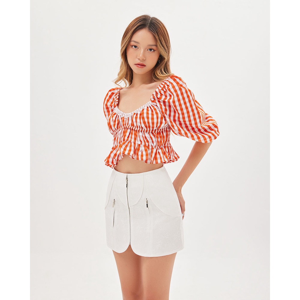 Áo croptop SheByShj tay phồng ca rô cam - Eira Top
