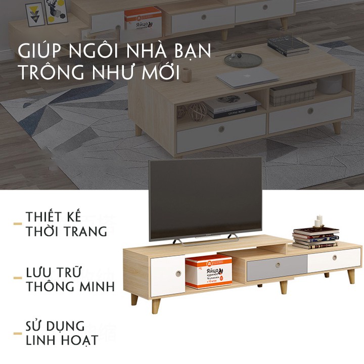 [GIÁ XƯỞNG] Kệ Tivi bằng gỗ, Kệ tủ phòng khách cao cấp có thể kéo dài BLUE HOUSE – H134.