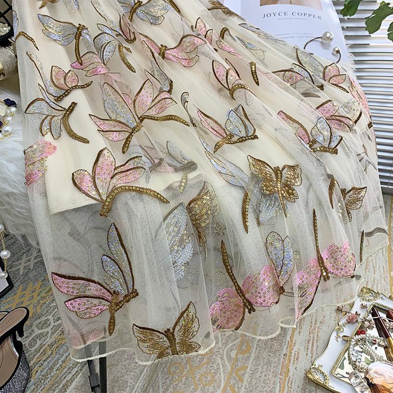 Chân Váy Dài Chữ A Chất Liệu Vải Tuyn Đính Kim Sa Lấp Lánh Size S-3XL 65 / 75 / 85cm