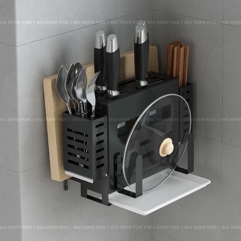 Bộ sản phẩm Giá Kệ để dao thớt CHI AN gồm 2 ống đũa và khay hứng nước-Thép chống gỉ sơn 5 lớp-2 bản thường và cao cấp