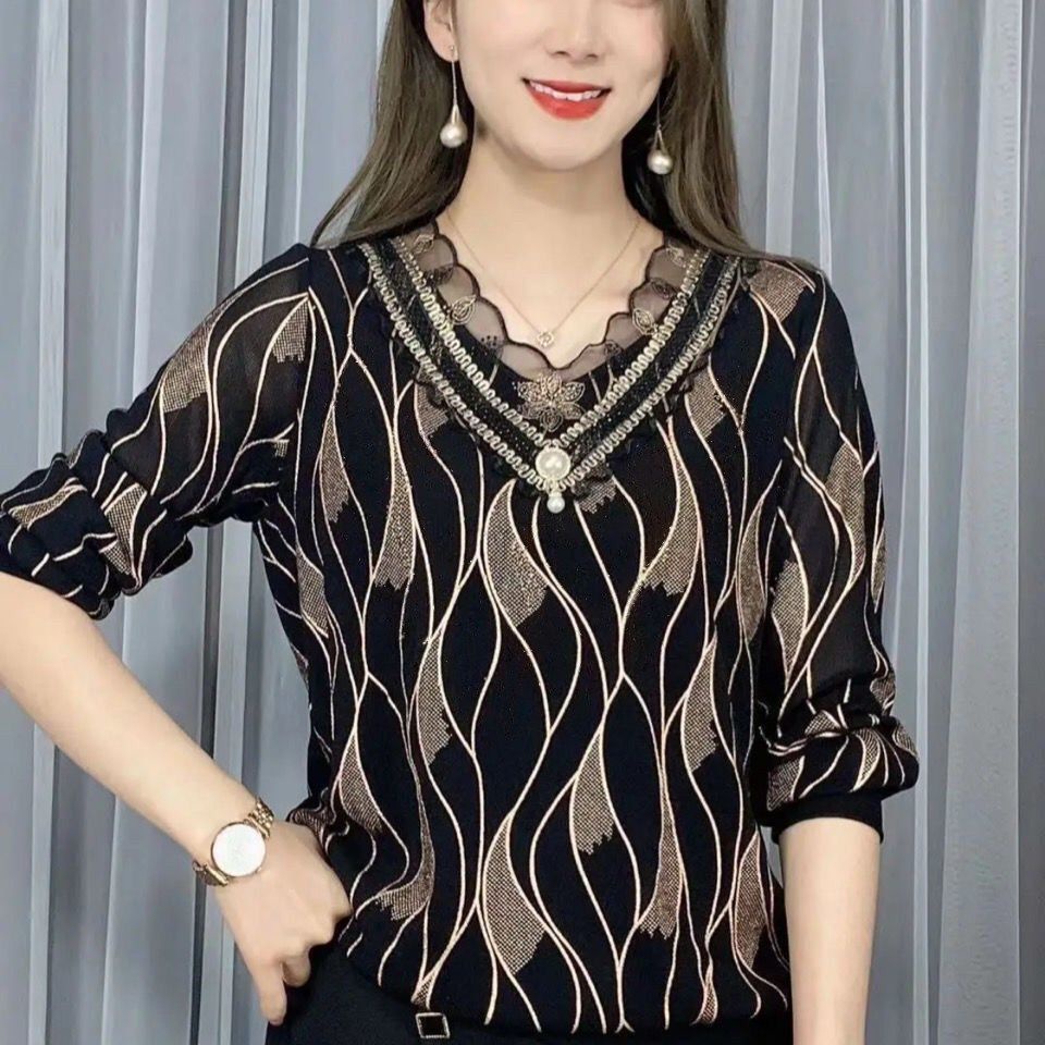 ☍▦Áo thun sợi lưới trên cùng mùa thu và đông nữ bà mẹ trung niên mặc dài tay ren bên trong mới 2021 | BigBuy360 - bigbuy360.vn
