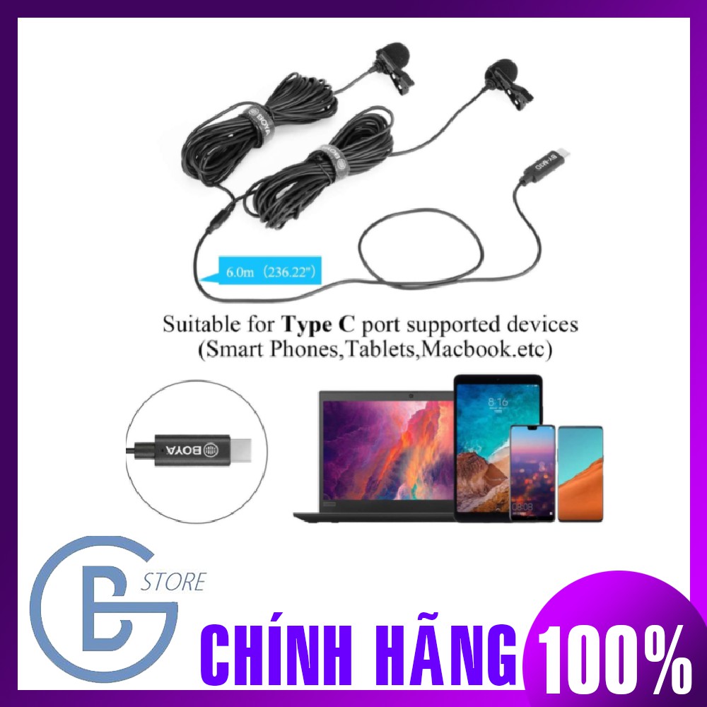 Micro Thu Âm Kẹp Áo BOYA BY-M3D, Dùng Thu Cùng Lúc Cho 2 Người Cổng Chuẩn USB Type-C Cho Thiết Bị Android