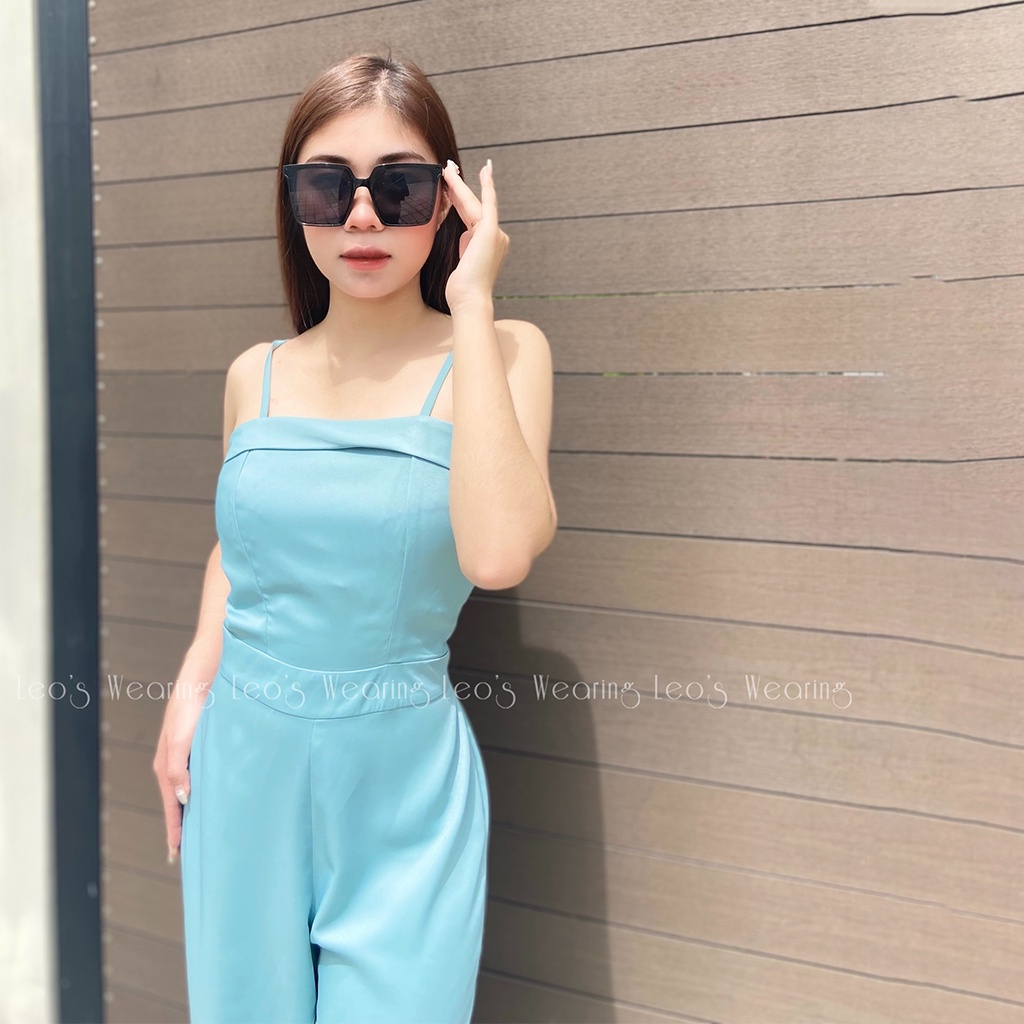Bộ Jumsuit áo 2 dây liền quần ống rộng kèm áo khoác LEOSWEARING chất lụa trượt cao cấp mặc văn phòng đi tiệc H90