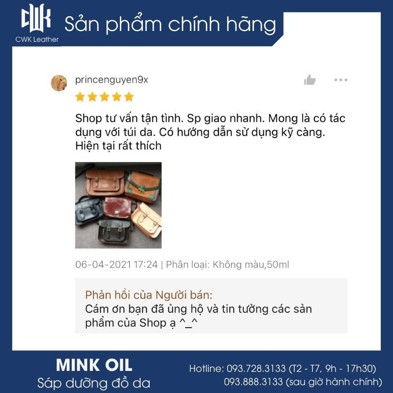 [Chính Hãng Woodson] Mink oil dầu chồn màu nâu chuyên bảo dưỡng và phục hồi đồ da, túi xách, áo, ví, giày da