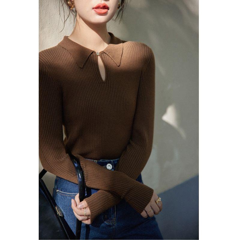 Áo sweater dệt kim cổ bẻ màu trơn phong cách retro thời trang mùa đông dễ phối đồ cho nữ