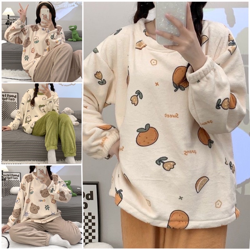 Bộ ngủ lông đáng yêu siêu nhẹ giữ nhiệt, bộ ngủ lông cừu hình gấu cute chất liệu mềm mịn dễ chịu
