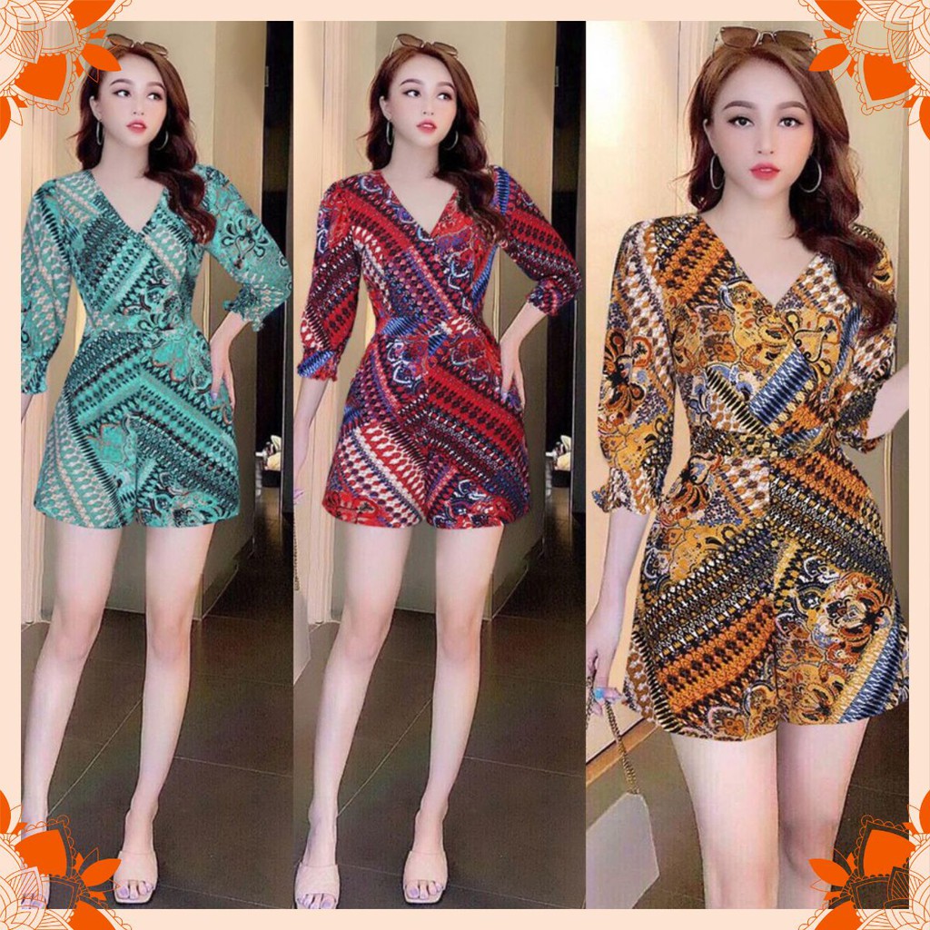 Jumsuit Ngắn 💝FREESHIP💝 Jumpsuit ngắn cổ tim tay lỡ họa tiết dây kéo lưng xinh xắn J1109