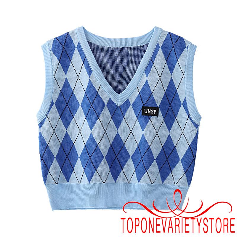 Áo sát nách dệt kim cổ chữ V in họa tiết hình thoi cổ điển thoáng khí giữ ấm cho nữ | BigBuy360 - bigbuy360.vn