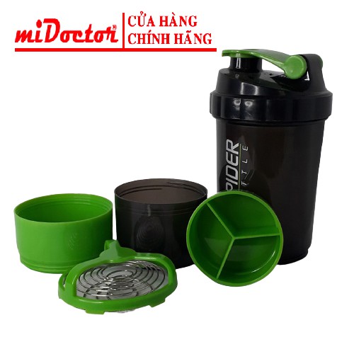 Bình nước tập gym shaker chính hãng miDoctor, bình lắc 3 ngăn, có lò xo ở bên trong, sử dụng tập gym, chơi thể thao