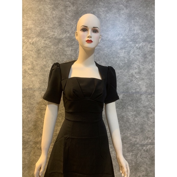 Váy cổ vuông tay bồng rúm sườn 2 màu