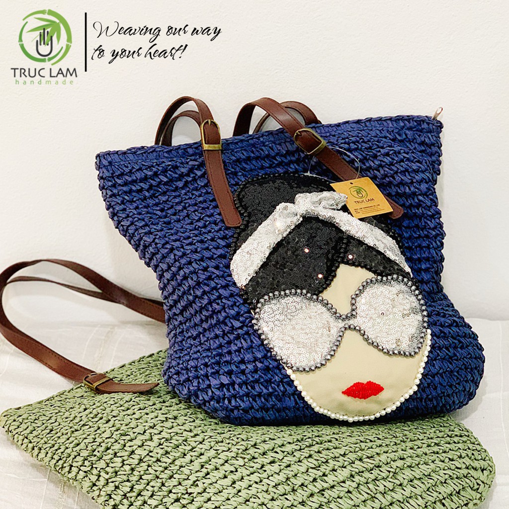 Túi Cói Tote Thời Trang Nữ Quai Da Thêu Cườm Hình Mặt Cô Gái - Trúc Lâm Handmade