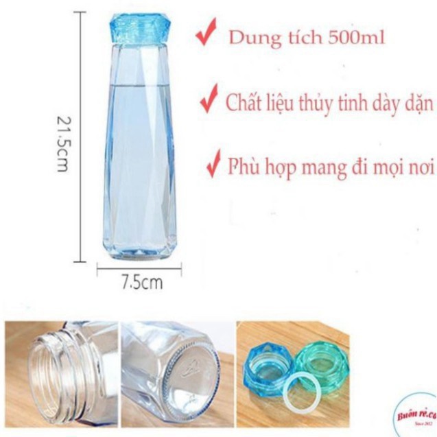 [Hàng Chính Hãng] Bình thủy tinh đựng nước nóng lạnh chai 500ml nắp nhựa dáng kim cương thể thao du lịch cao cấp