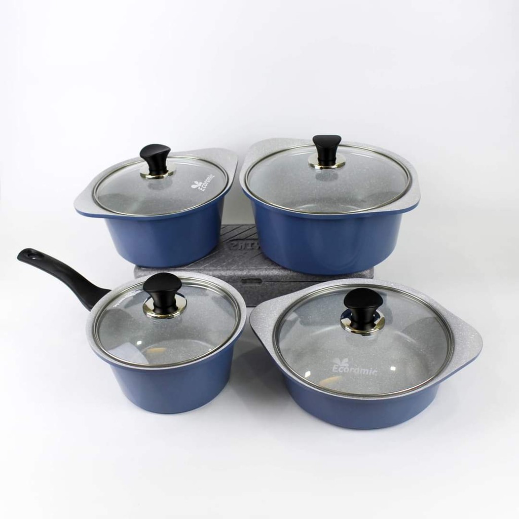 Bộ 4 Nồi Đúc Vân Đá V-Line Ecoramic Hàn Quốc Size 18-20-22-24 Cm | Đúc Nguyên Khối | Cam Kết Chính Hãng