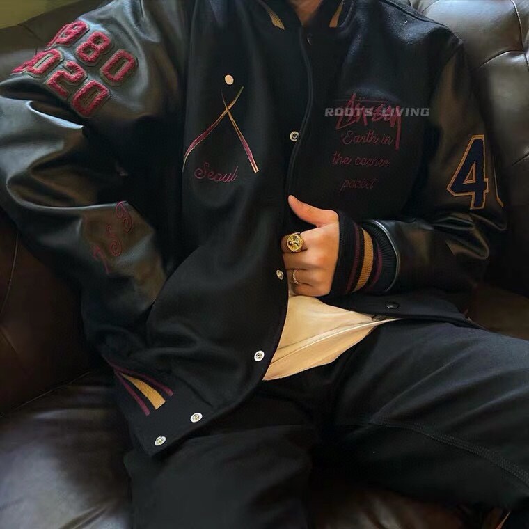 Đồng phục bóng chày STUSSY màu đen thêu số 8 bản giới hạn kỷ niệm lần thứ 40 thời trang cho cặp đôi