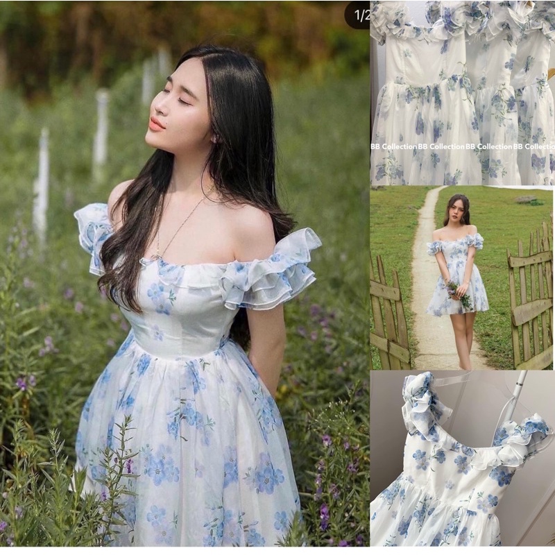 [ Ảnh thật / video ]  Đầm voan hoa xanh trễ vai siêu xinh