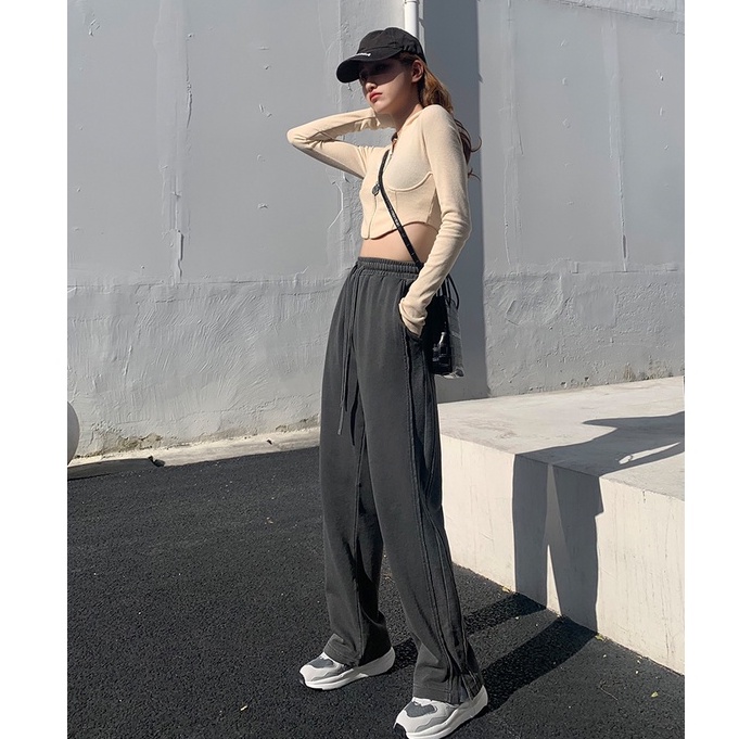 Quần Dài Nữ Ống Rộng Xẻ Tà Thời Trang retro