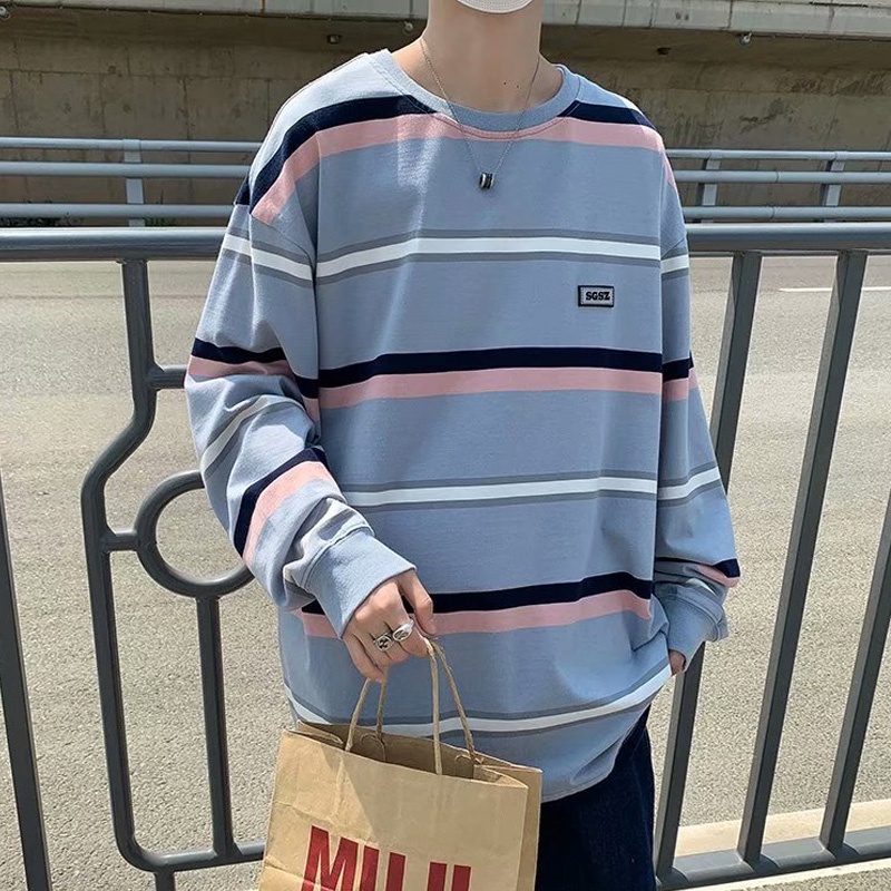 Áo thun tay dài cổ tròn dáng rộng họa tiết sọc ngang phong cách Hàn Quốc thời trang cho nam
