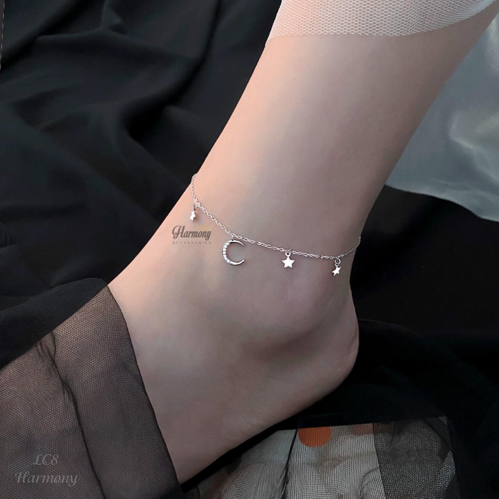 Lắc chân bạc nữ 925 xi bạch kim đính mặt trăng ngôi sao Moon Star xinh xắn | HARMONY ACCESSORIES LC8