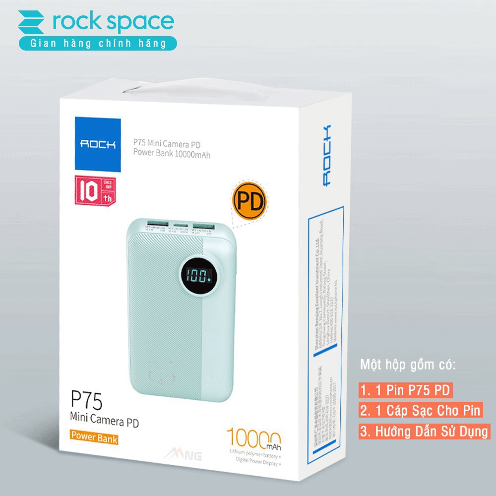 Sạc dự phòng mini chính hãng Rock space P75 chuẩn PD sạc nhanh cho iPhone, Samsung dung lượng thực 10.000 mAh