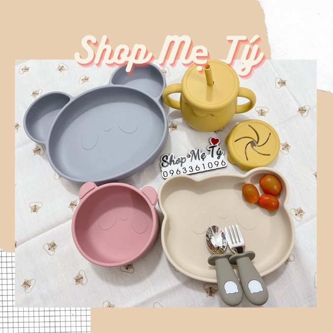 (TỔNG HỢP BAR-ROT) Combo Cốc tập hút + set thìa nĩa + tchén gấu/ bát ăn dặm gấu Silicon Bar Rot đế hít cho bé Barrot