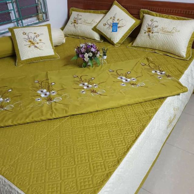 Bộ vỏ chăn ga gối satin poly cotton 7 món trần thêu màu trơn sang trọng