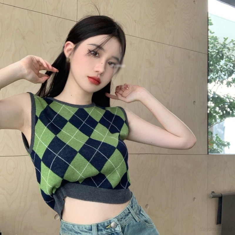 Áo Tank Top Dệt Kim Cổ Tròn Họa Tiết Kẻ Sọc Thiết Kế Đơn Giản Thời Trang Cho Nữ