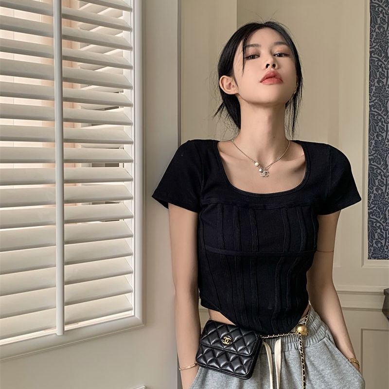 COZOK Áo Thun Ngắn Tay Cổ Vuông Dáng Ôm Hở Eo Xinh Xắn Thời Trang