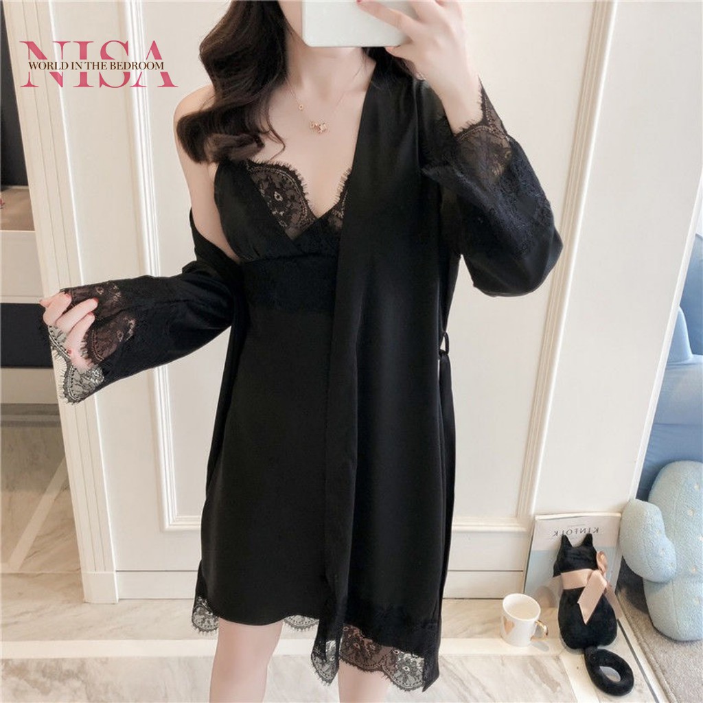 [FREESHIP MUA 2 ]Set váy lụa 2 dây kèm áo choàng phối ren tinh tế | BigBuy360 - bigbuy360.vn