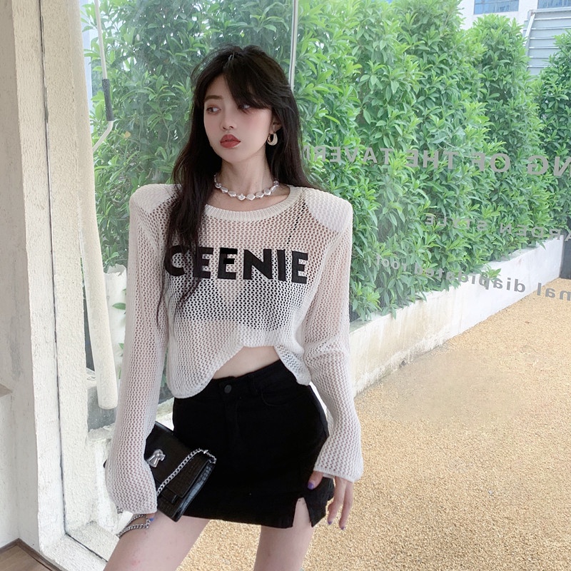 QKOOLE Áo đan len tay dài in họa tiết đơn giản phong cách Hàn Quốc thời trang cho nữ