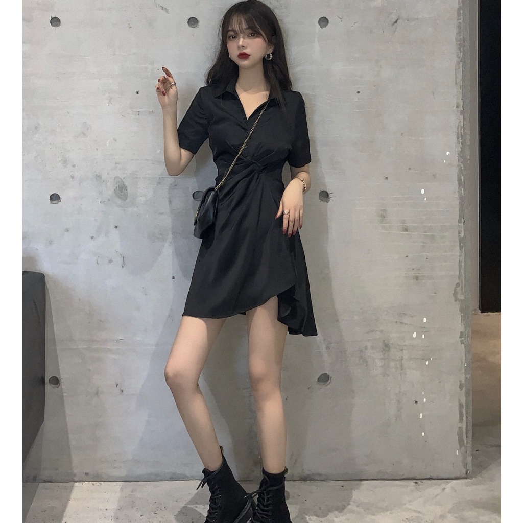 Đầm Chữ A Cổ Polo Màu Đen Phong Cách Hàn Quốc Thời Trang Cho Nữ