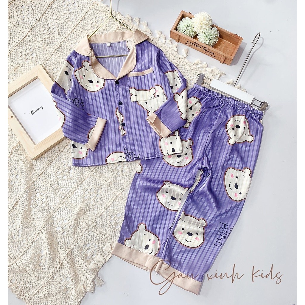 Bộ pijama lụa cho bé ⚡RẺ NHẤT SHOPEE⚡ Đồ ngủ dài tay nhiều hình hoạt hình xinh xắn ngộ nghĩnh cho bé trai/bé gái