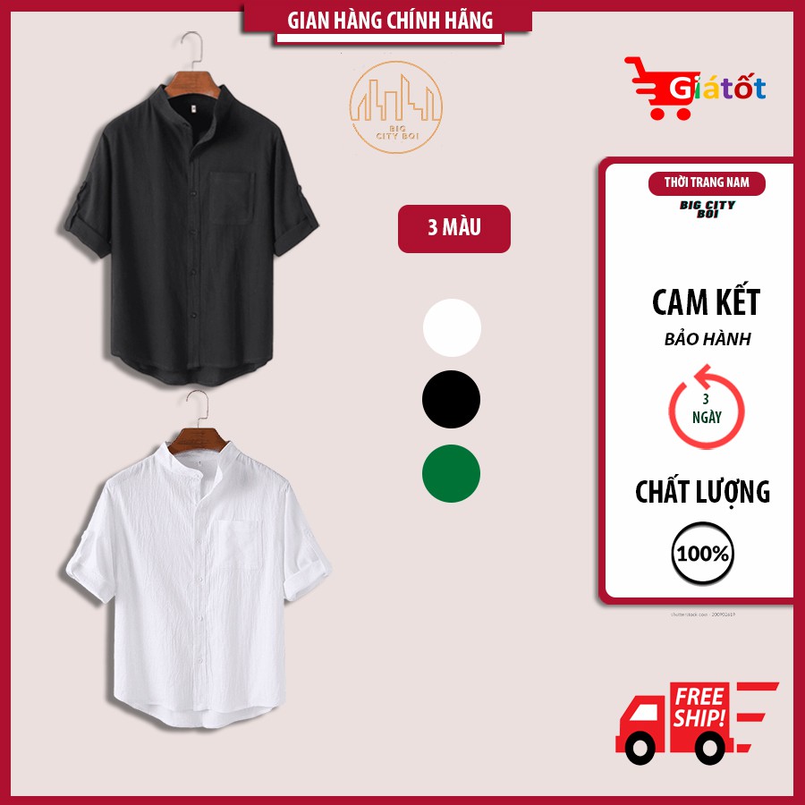 Áo sơ mi đũi ngắn tay nam chất cao cấp, chất đũi mềm mịn thoáng mát, kiểu sơ mi ngắn tay, cổ trụ lịch lãm