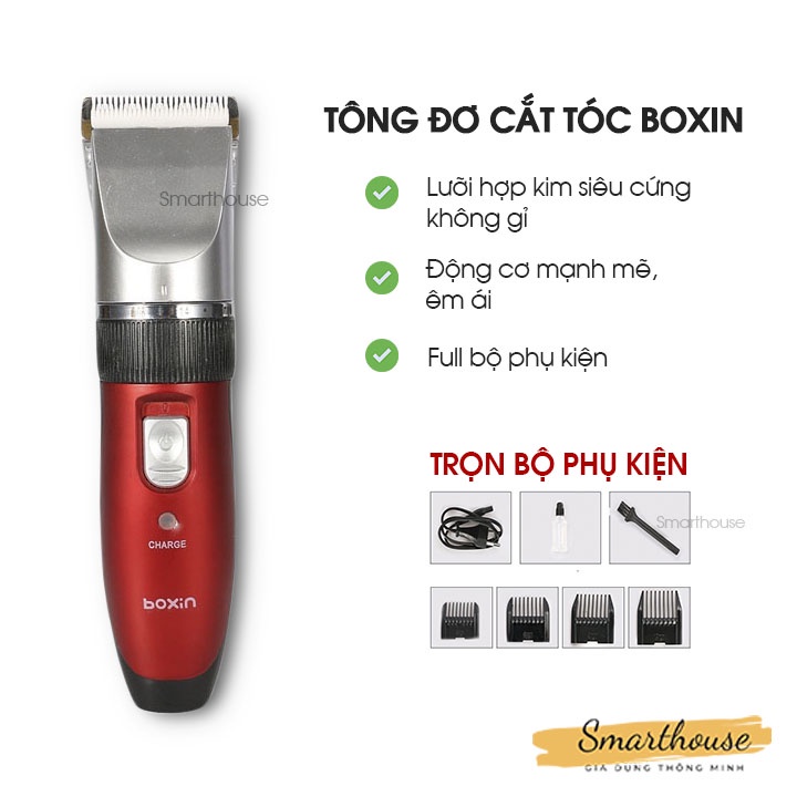 Tông Đơ Cắt Tóc Gia Đình Cao Cấp BOXIN Động Cơ Mạnh Mẽ Êm Ái Chống Mài Mòn, Bộ Tông Đơ Xén Tóc Full Phụ Kiện