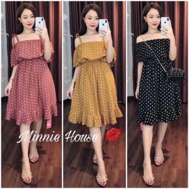 Đầm MAXI TRỄ VAI CHẤM BI ĐUÔI CÁ