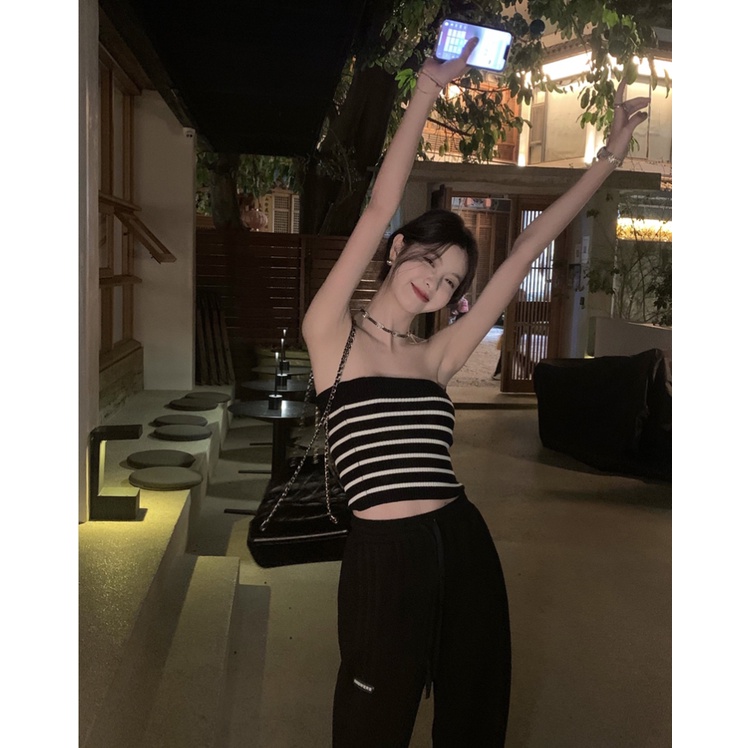 QADCOL Áo Hai Dây Dệt Kim Kẻ Sọc Xinh Xắn Cho Nữ