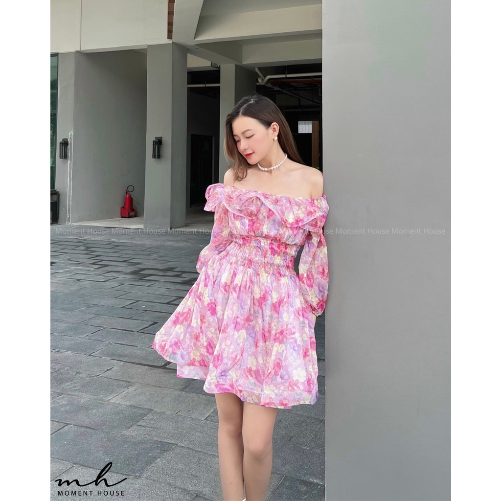 Đầm hoa xòe trễ vai , có tay , KIRA DRESS, may 2 lớp chuẩn xịn hàng thiết kế,form tùng xòe