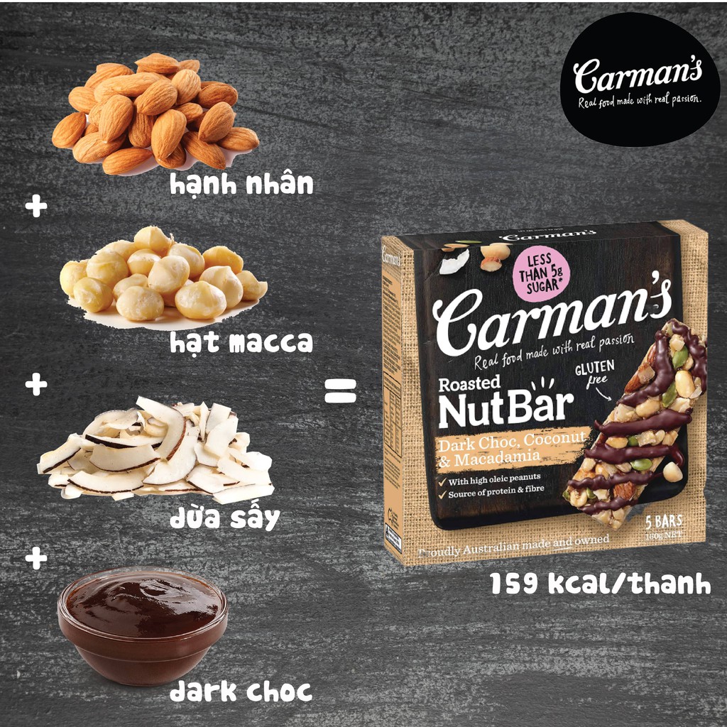 Thanh Hạt Ăn Kiêng Carman's Nut Bar Dark Choc Macadamia & Coconut - Chocolate Đen Macca & Dừa - 160g